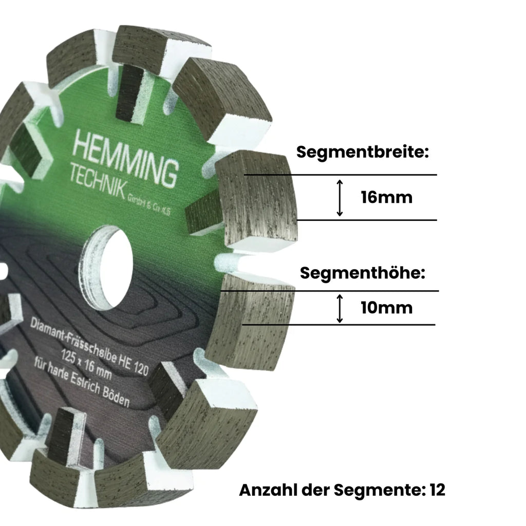 HE120 Diamantfrässcheibe 125 × 16 mm: Segmentbreite 16 mm, Segmenthöhe 10 mm, 12 Segmente