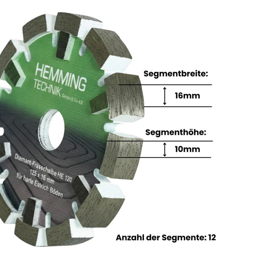 HE120 Diamantfrässcheibe 125 × 16 mm: Segmentbreite 16 mm, Segmenthöhe 10 mm, 12 Segmente