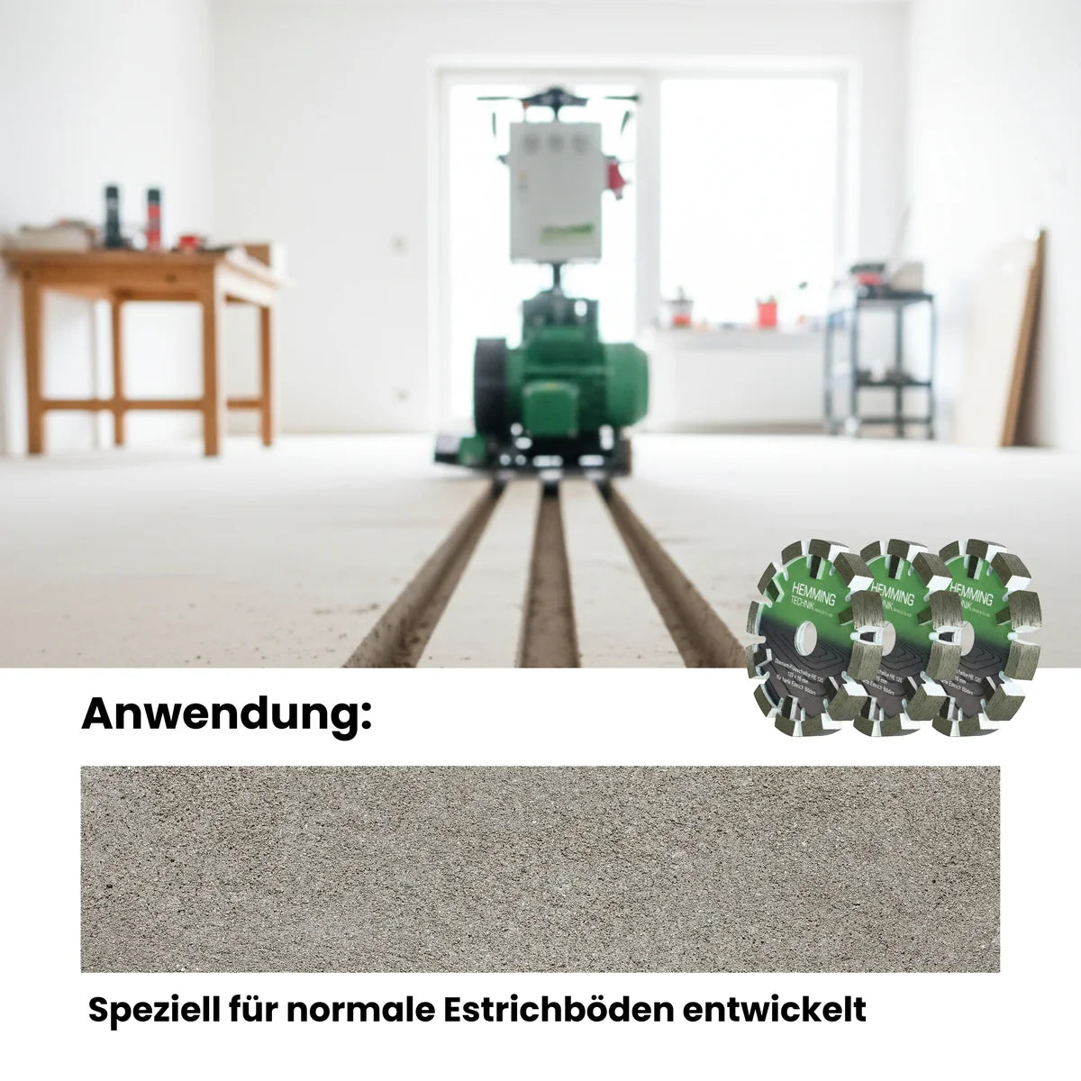 HE120 Frässcheibe 125 × 16 mm, Infografik: Bodenfräse vor Fräskanälen, für normale Estrichböden