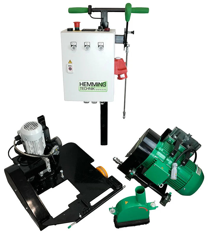 HE120 Automatic Portable in drei Module zerlegt: Schaltkasten mit Holm, Fahrwerk und Fräsaggregat
