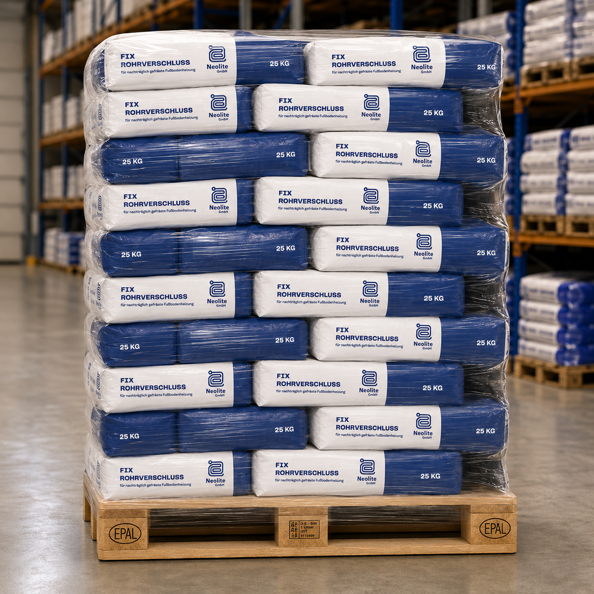 Vollpalette Neolite Fix Rohrverschluss: 40 Säcke à 25 kg, 1.000 kg, in Folie auf EPAL-Palette