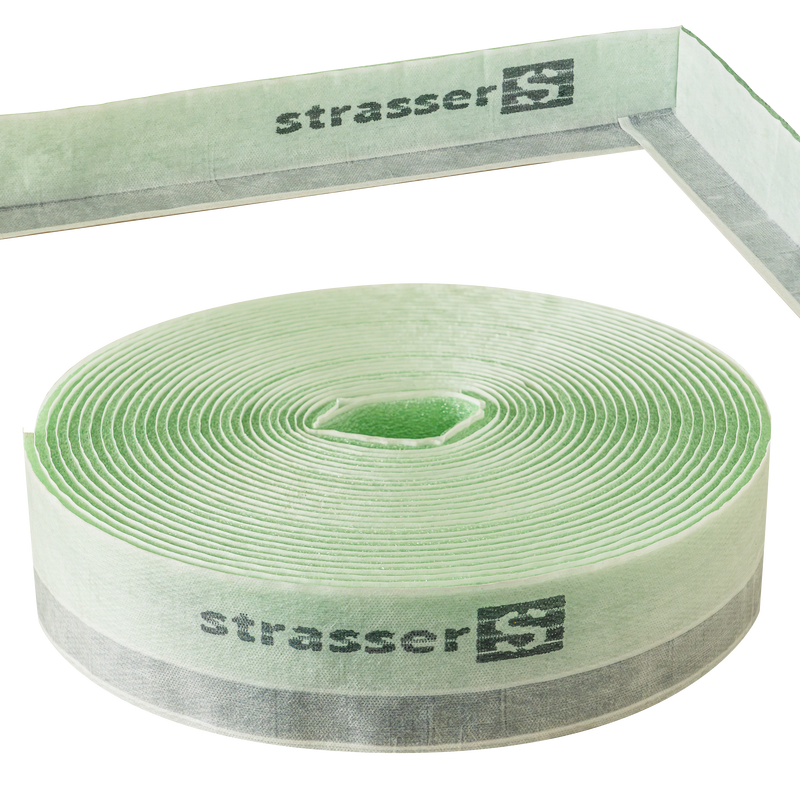 Strasser RDS Randdämmstreifen 50 × 5 mm, 20-m-Rolle mit Selbstklebefuß, oben ein abgewinkelter Streifen