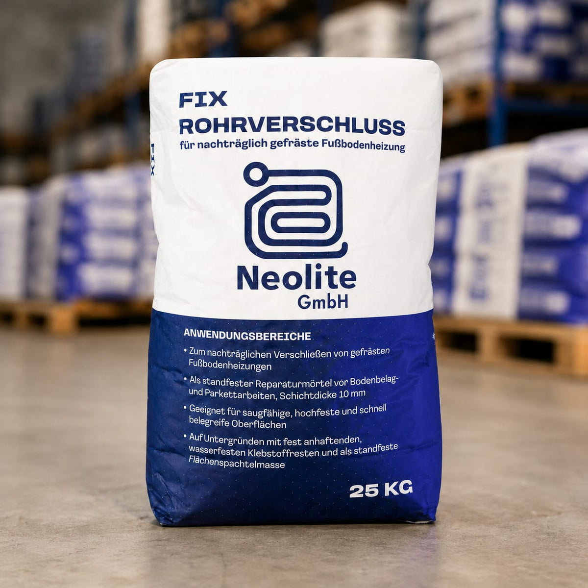 Neolite Fix Rohrverschluss: einzelner 25-kg-Sack mit Anwendungsbereichen, stehend im Lager