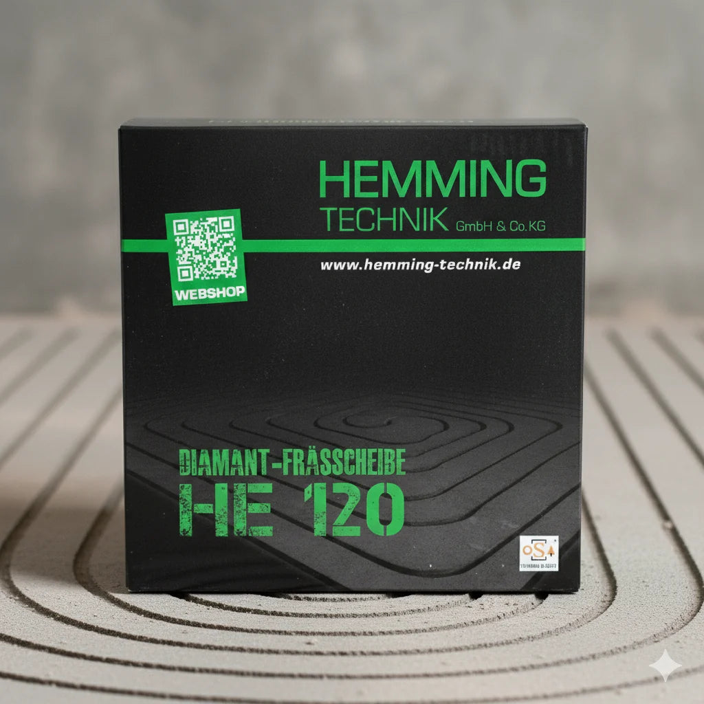 Verpackung des HE120 DUO CUT Sets 125 × 17 mm: schwarzer Hemming-Karton auf Estrich