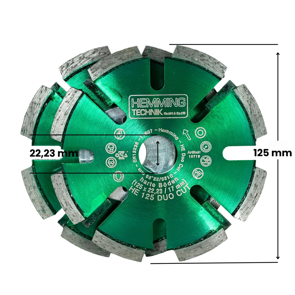 HE120 DUO CUT 125 × 17 mm, Maßzeichnung: 125 mm Durchmesser und 22,23 mm Bohrung