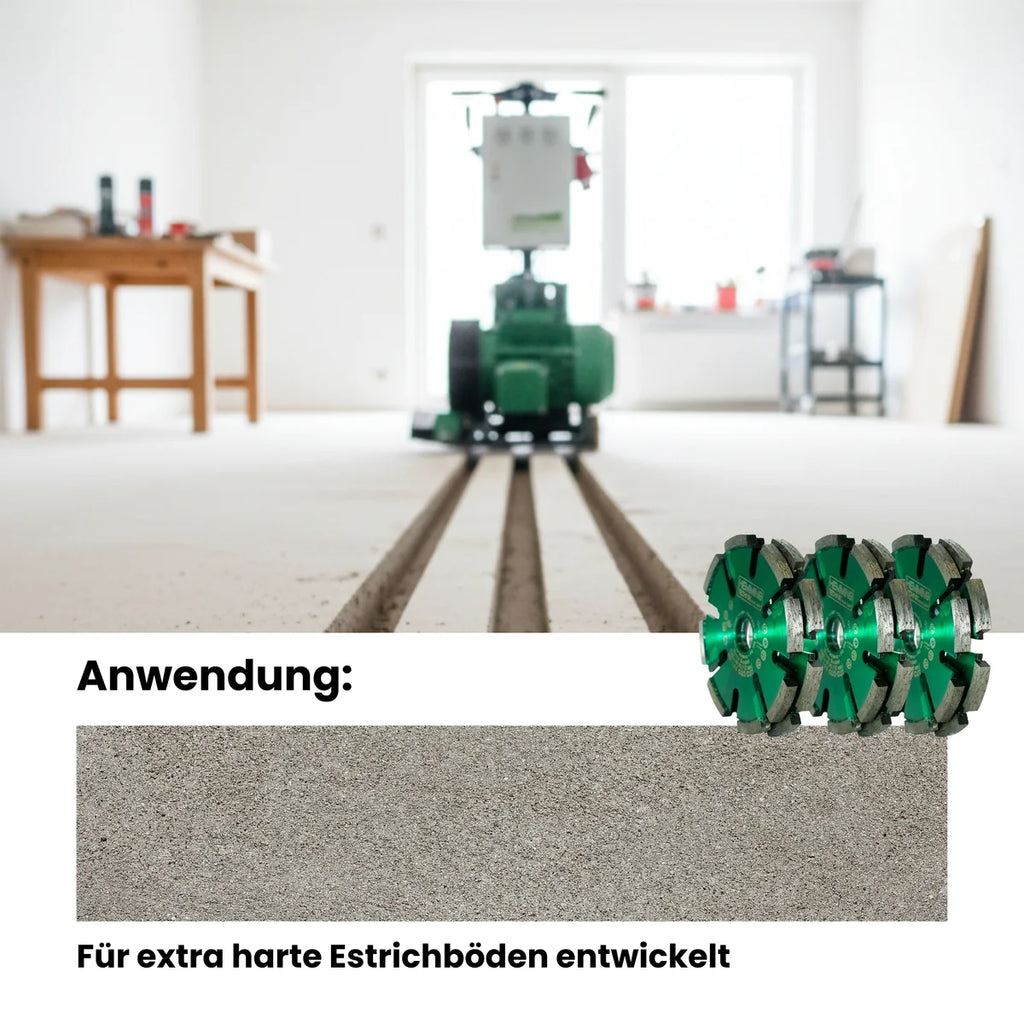 HE120 DUO CUT 125 × 17 mm, Infografik zur Anwendung: für extra harte Estrichböden entwickelt