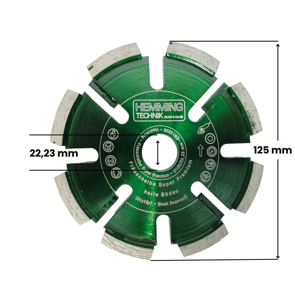 Hemming HE120 Super Premium Diamantfrässcheibe 125 × 17 mm, Maßzeichnung mit 22,23 mm Bohrung