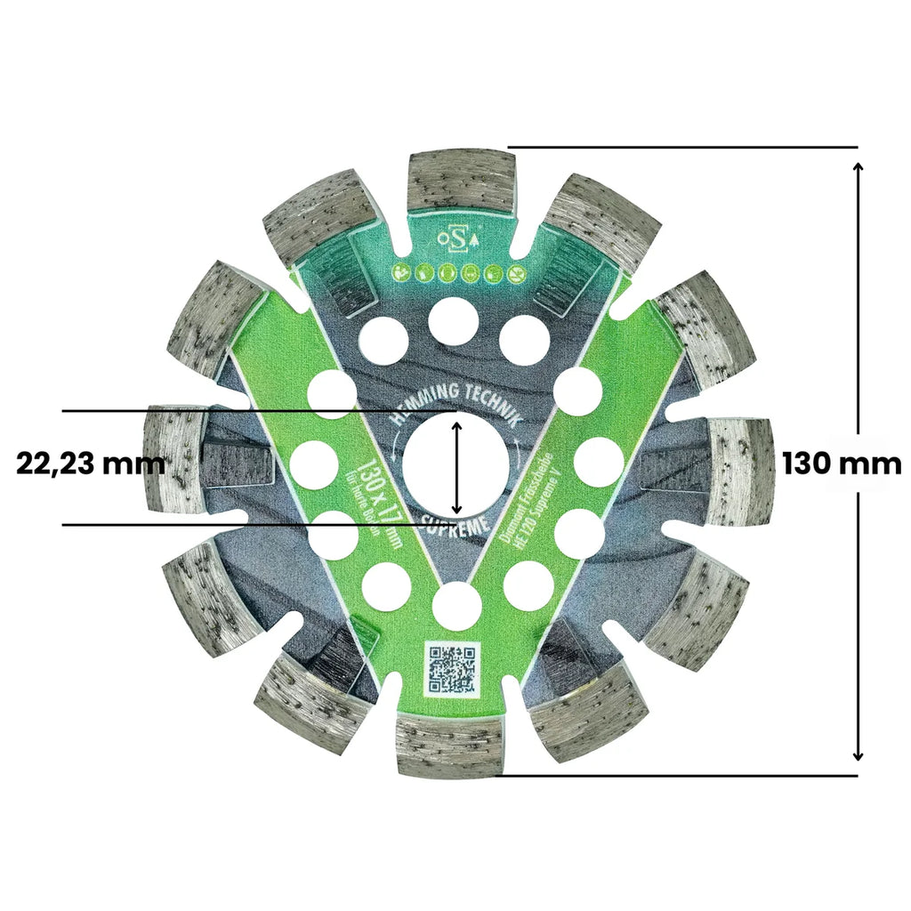 Hemming HE120 Supreme-V Diamantfrässcheibe 130 × 17 mm, Maßzeichnung mit 22,23 mm Bohrung