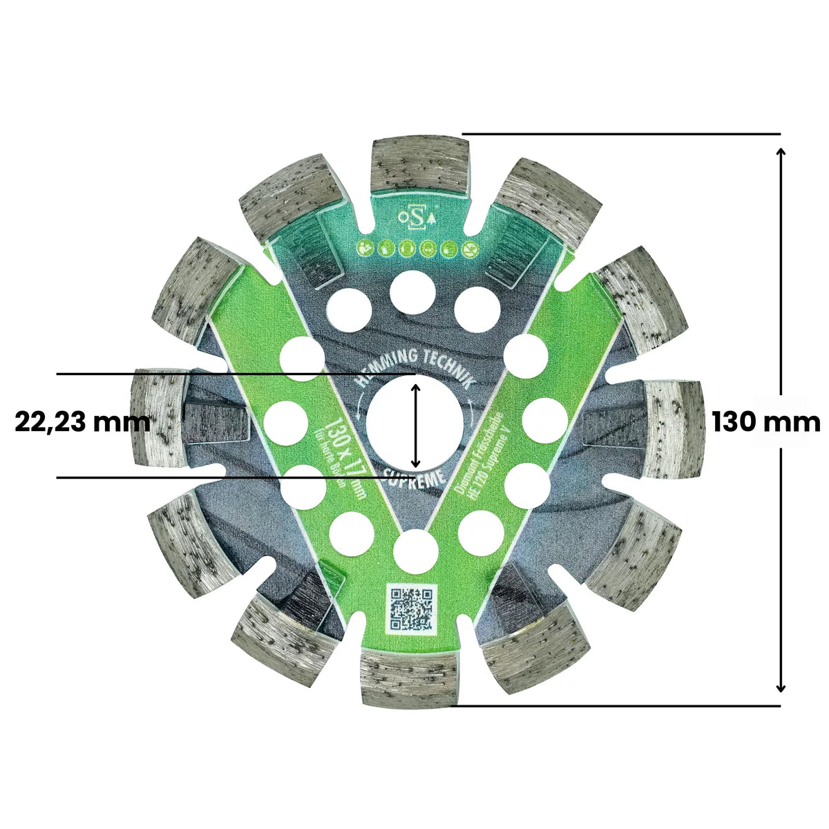 Hemming HE120 Supreme-V Diamantfrässcheibe 130 × 17 mm, Maßzeichnung mit 22,23 mm Bohrung