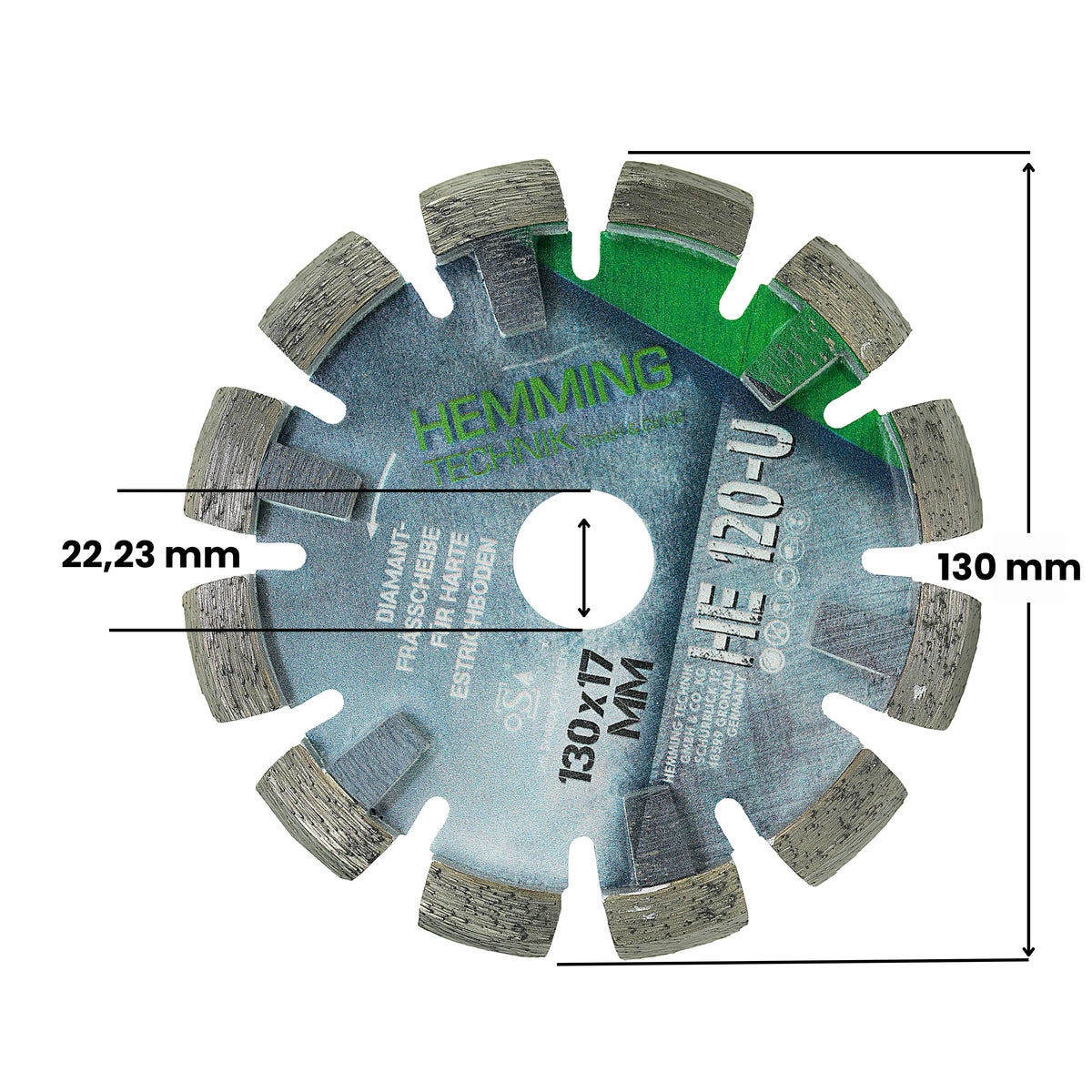 HE120-U Diamantfrässcheibe, Maßzeichnung: 130 mm Durchmesser und 22,23 mm Bohrung