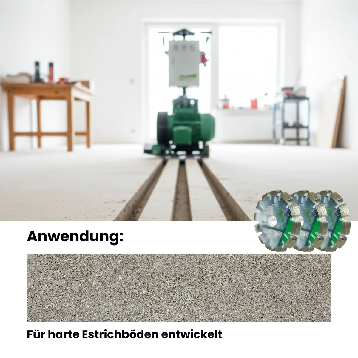 HE120-U Frässcheibe 130 × 17 mm, Infografik zur Anwendung: für harte Estrichböden entwickelt
