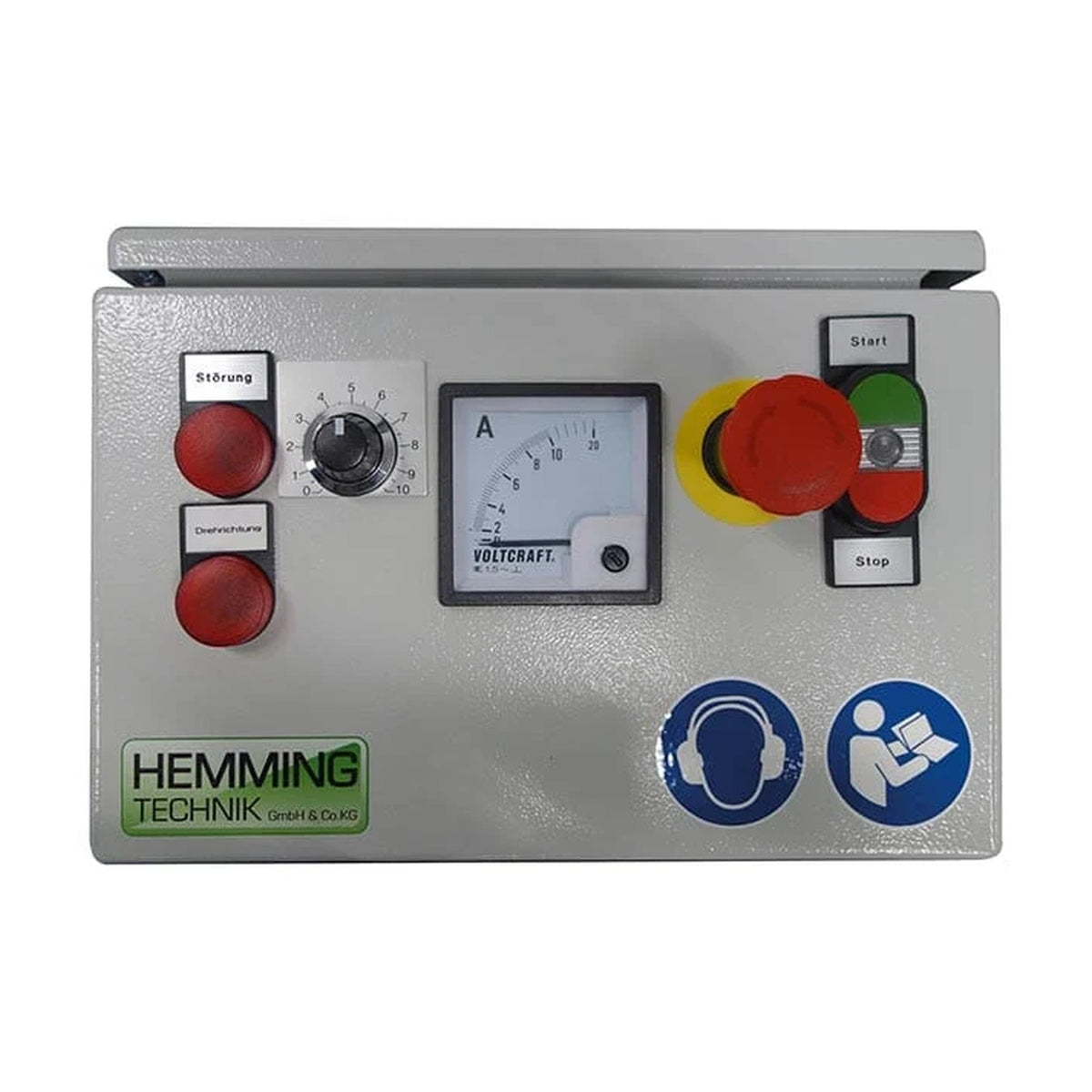HE120 Automatic Bedienfeld: Amperemeter als Bodenhärteanzeige, Drehregler und Not-Aus-Schalter